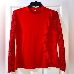 VENUS candy red blouse with front ruffle and sheer lace sleeves Sz XL